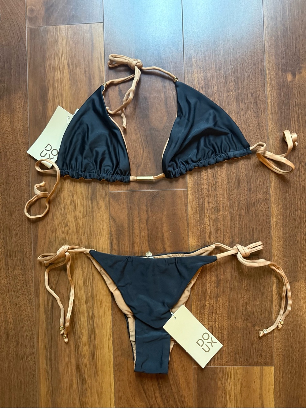 🆕 Doux Black and Gold Cheeky String Bikini Set / Size M / NWT!